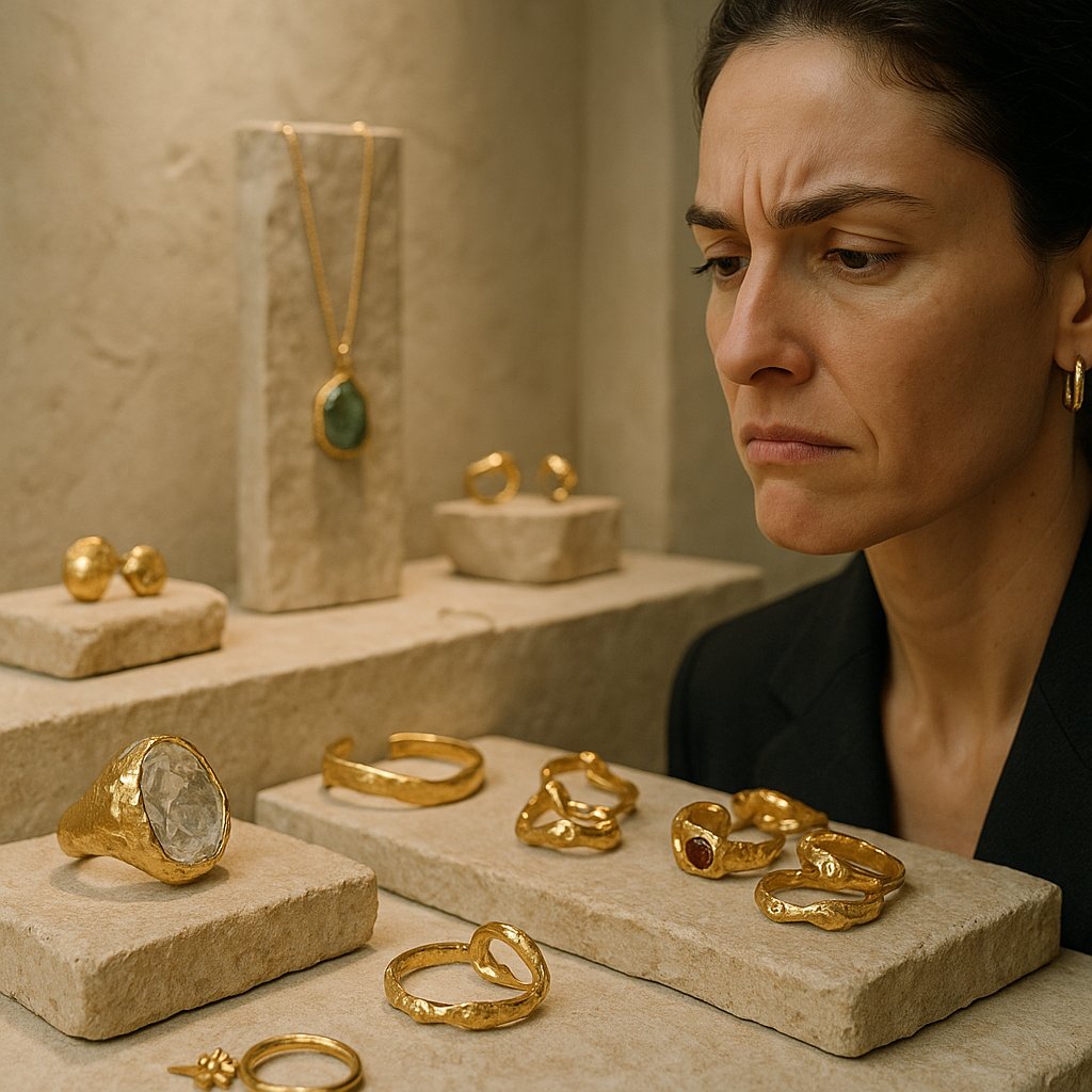 Handcrafted wabi-sabi jewelry featuring asymmetrical designs, textured metals, and unique gemstones