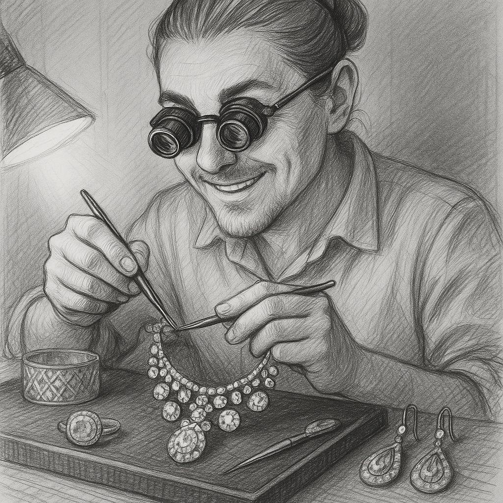 Close-up of a jeweler's hands skillfully repairing a delicate gold ring with tools on a workbench at Robinson's Jewelers.