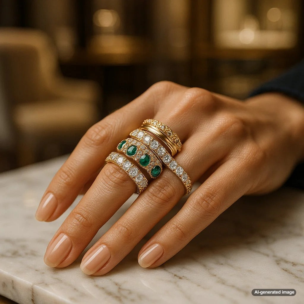 Artfully stacked rings in mixed metals and styles creating a curated, cohesive look