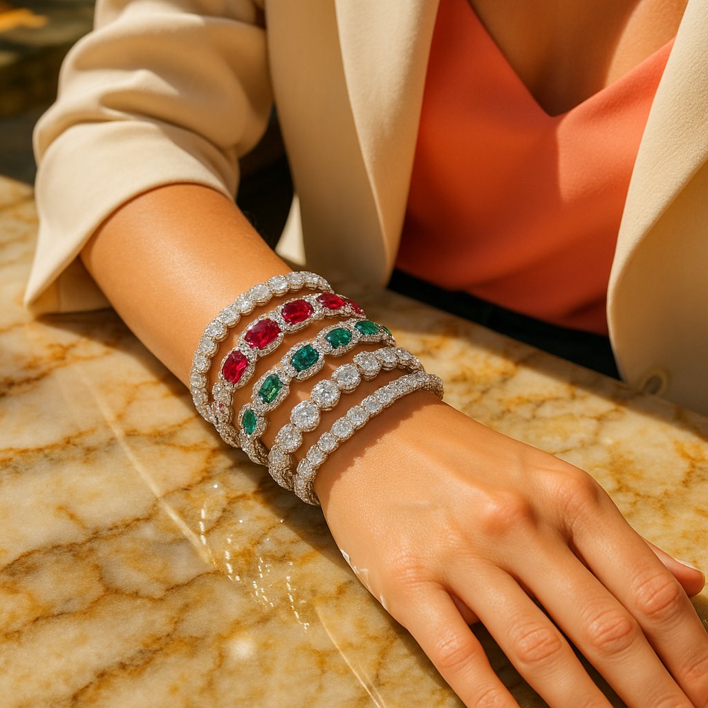 Artful stack of diamond and gemstone bracelets mixing metals and stones for elegant wrist styling