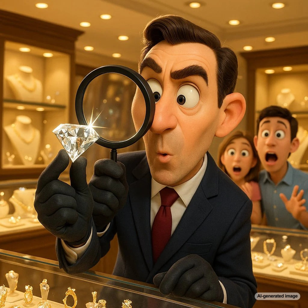 A close-up image of a professional jeweler appraising a brilliant diamond ring using a loupe, with other fine jewelry pieces elegantly displayed on a velvet surface.
