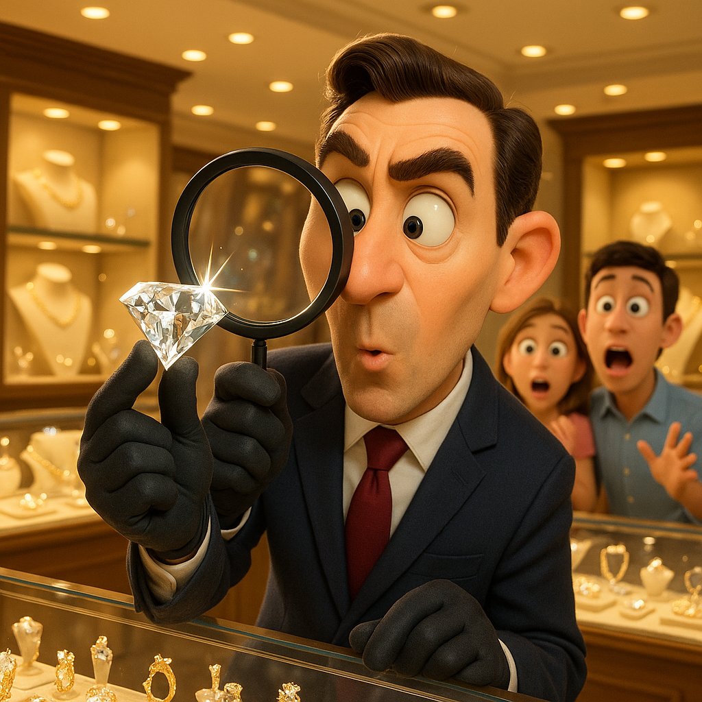 A close-up image of a professional jeweler appraising a brilliant diamond ring using a loupe, with other fine jewelry pieces elegantly displayed on a velvet surface.