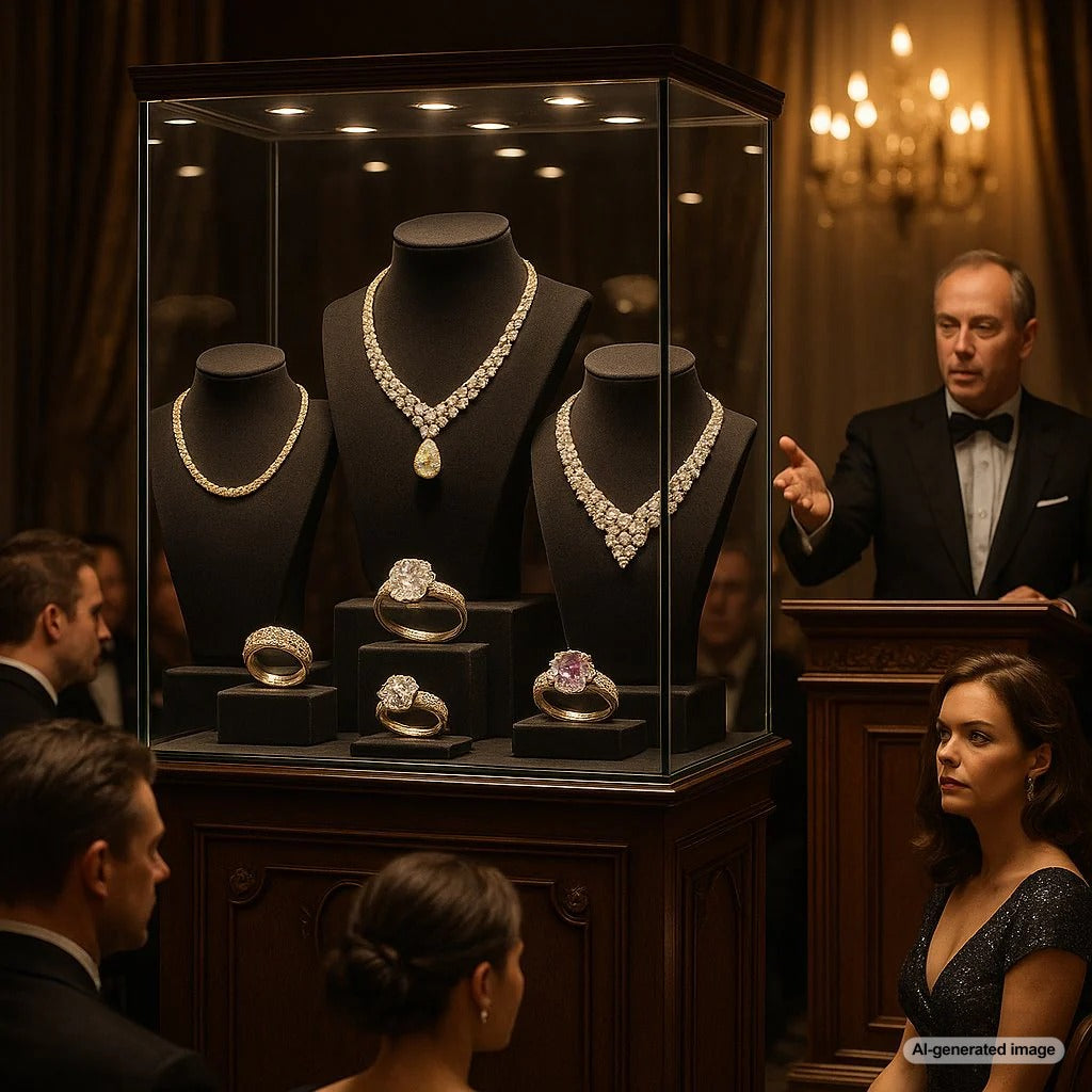 Elegant antique jewelry collection displayed on velvet including rings, necklaces and brooches under auction house lighting