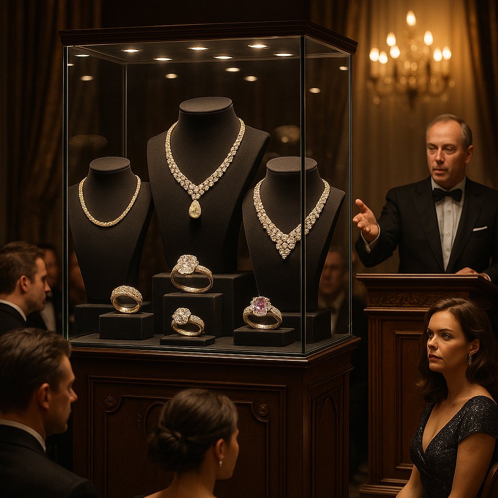 Elegant antique jewelry collection displayed on velvet including rings, necklaces and brooches under auction house lighting