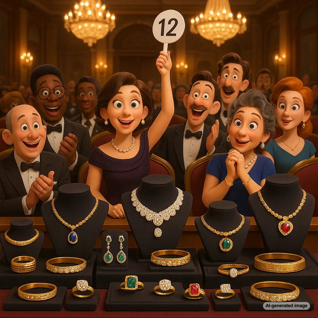 An elegant auction setting with a gavel and a stunning vintage diamond necklace on a velvet display, showcasing the thrill of fine jewelry auctions.