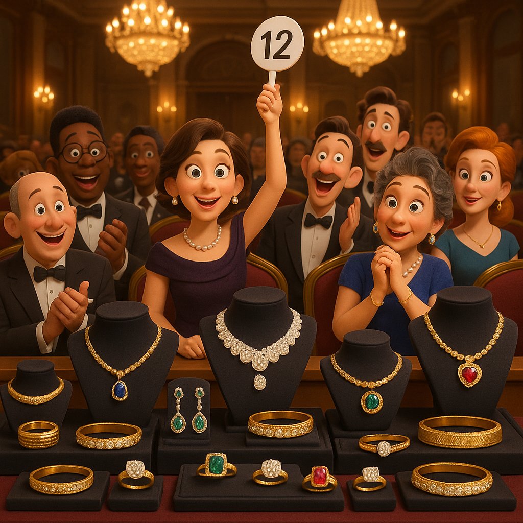 An elegant auction setting with a gavel and a stunning vintage diamond necklace on a velvet display, showcasing the thrill of fine jewelry auctions.