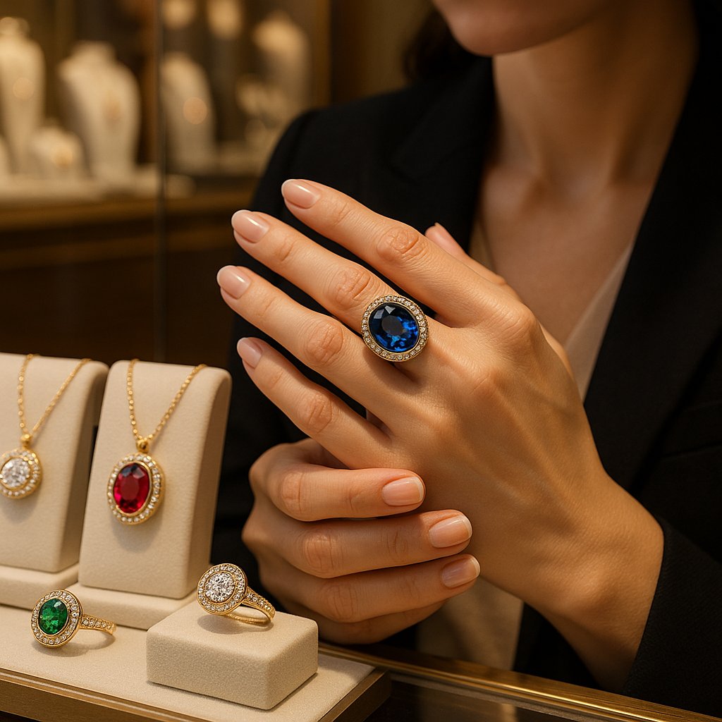 Close up of a beautiful bezel set emerald ring showcasing the secure metal frame around the gemstone