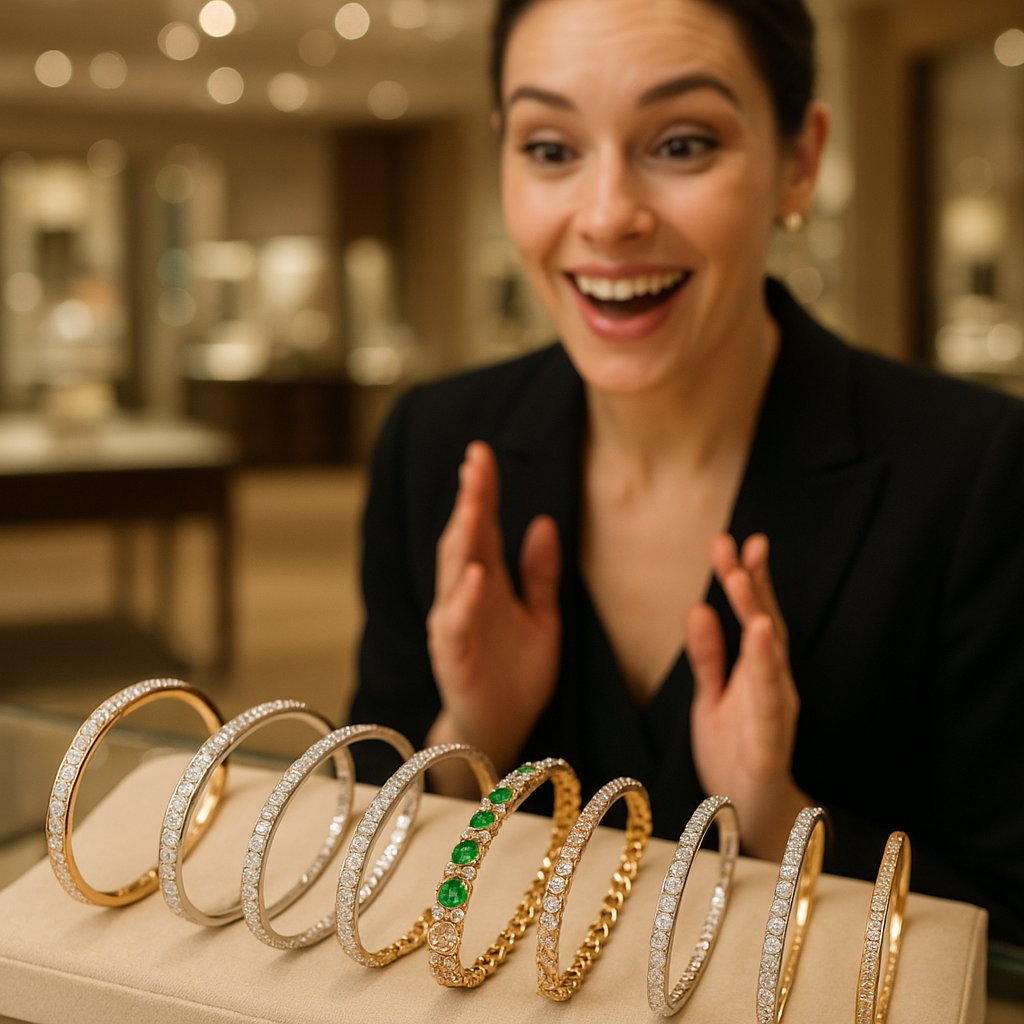 Elegant assortment of bangle and chain bracelets displayed at Robinson's Jewelers
