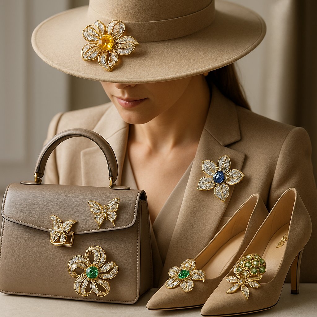 A stylish collection of brooches creatively pinned on a fashionable hat, a leather handbag strap, and the toe of an elegant shoe, showcasing versatile jewelry styling