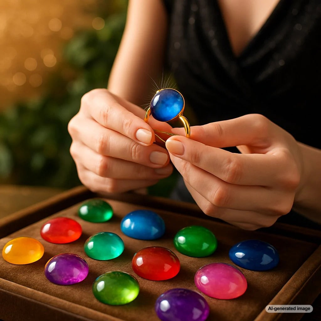Beautiful collection of cabochon gemstone jewelry featuring smooth polished stones in various colors and settings