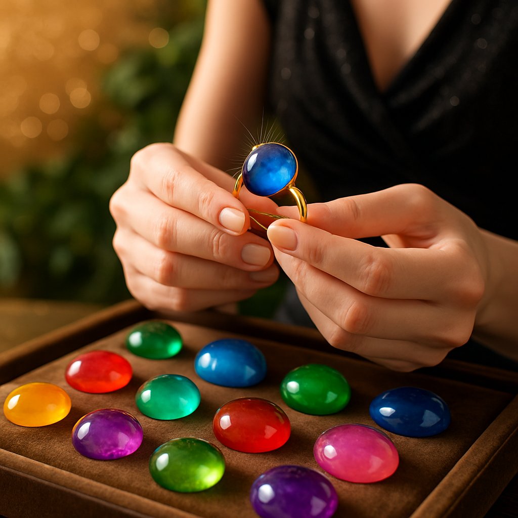 Beautiful collection of cabochon gemstone jewelry featuring smooth polished stones in various colors and settings