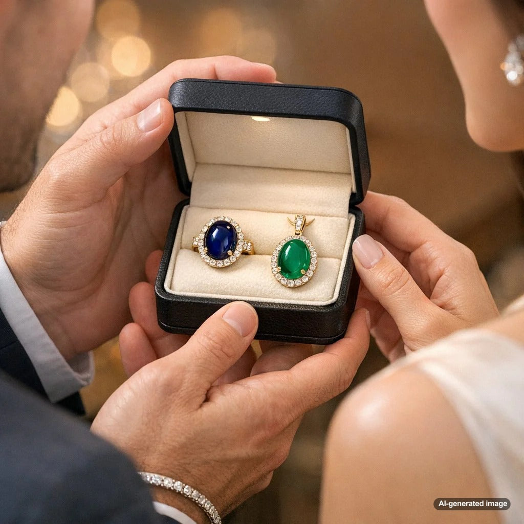 A collection of smooth polished cabochon gemstones including turquoise, lapis, and moonstone in various jewelry settings on a light background