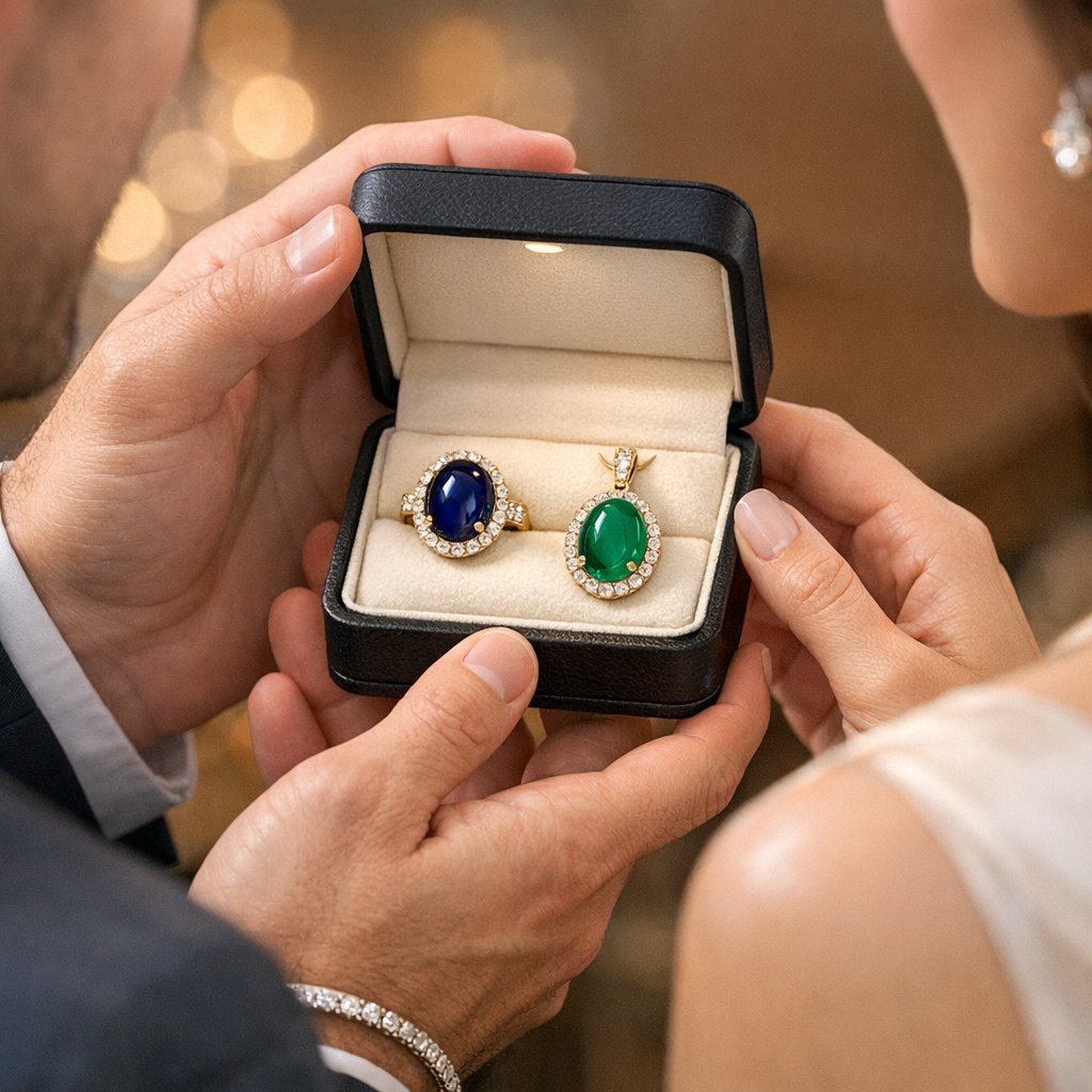 A collection of smooth polished cabochon gemstones including turquoise, lapis, and moonstone in various jewelry settings on a light background