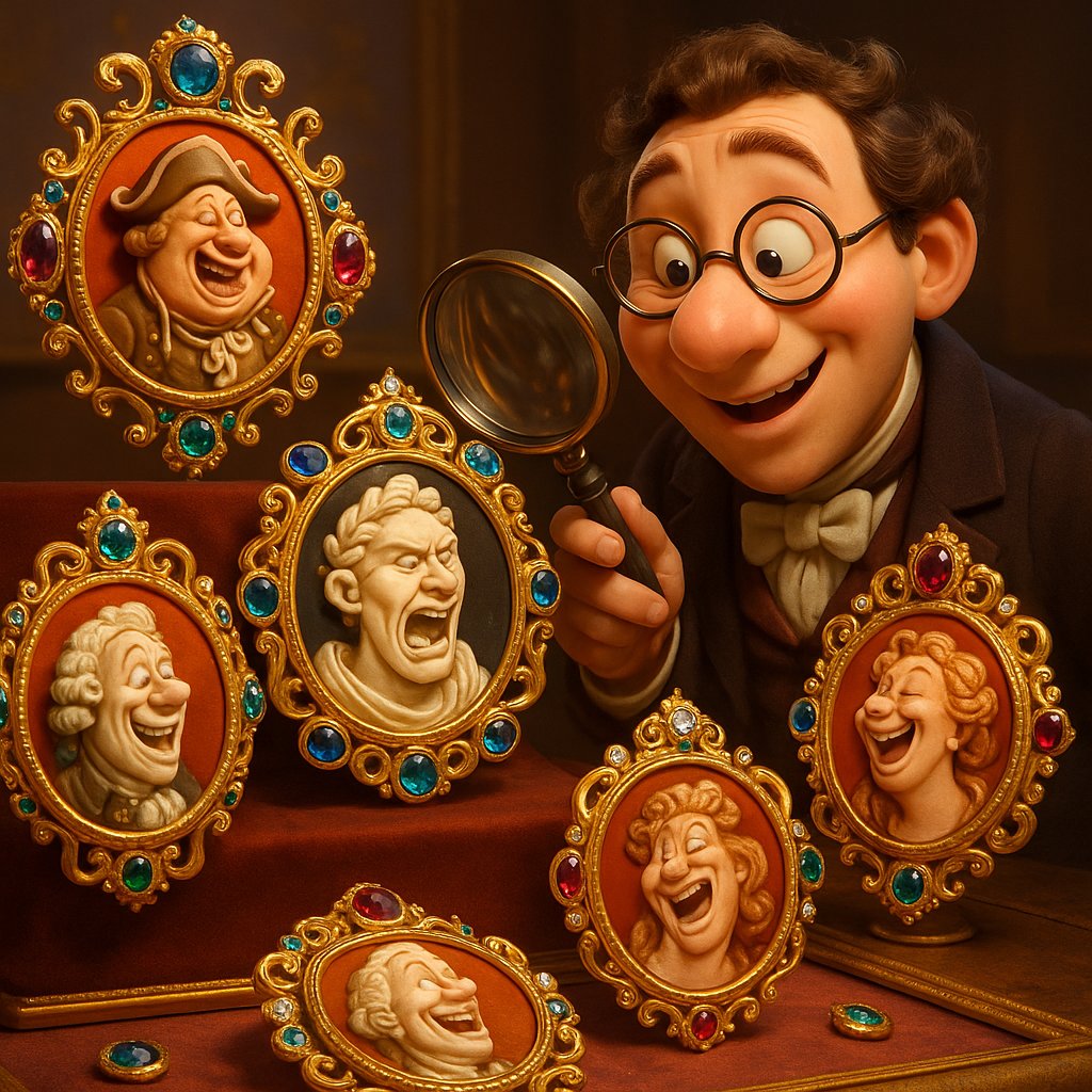 Close-up of an exquisite antique cameo brooch featuring a detailed female profile carved in white shell against a dark background.