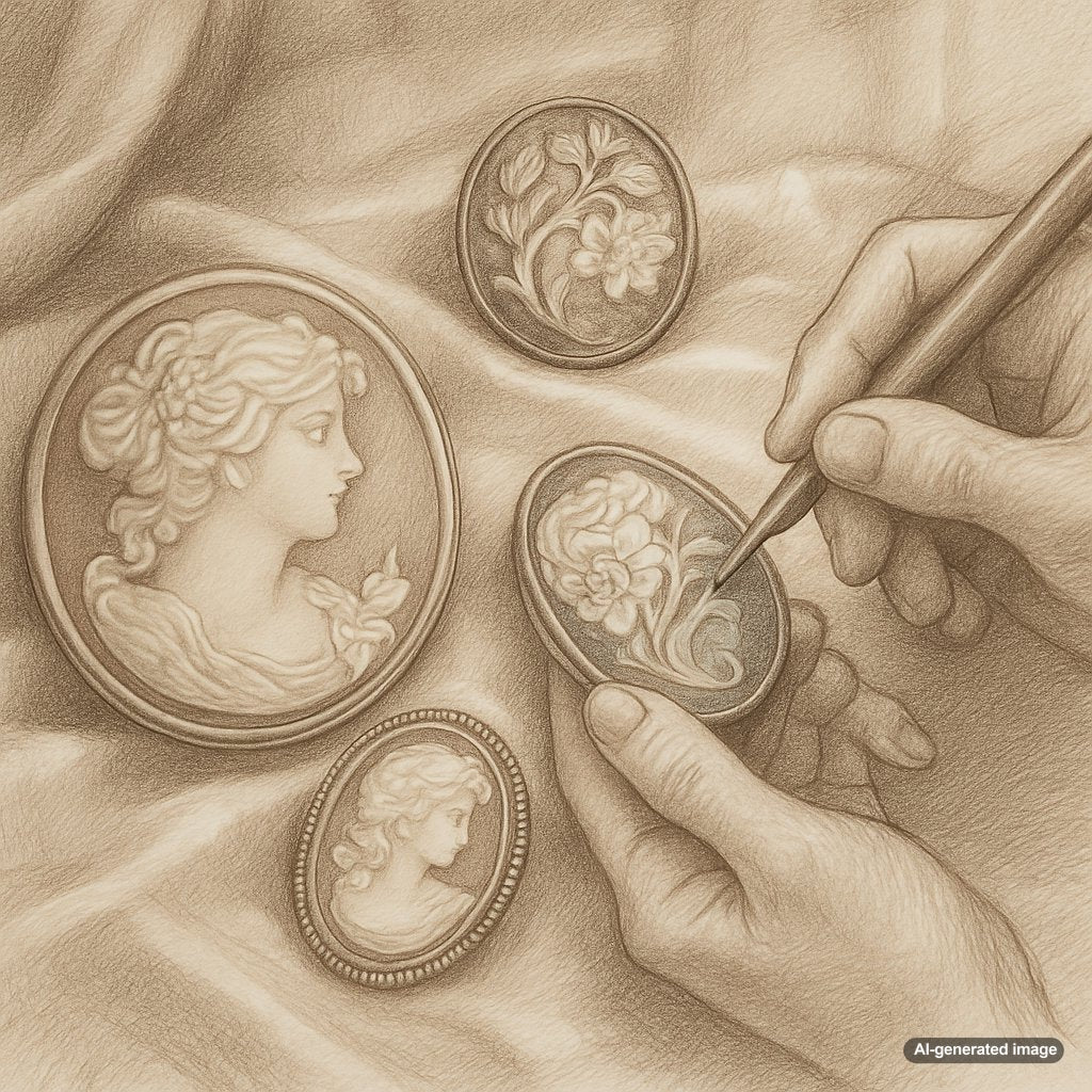 Close-up of an exquisitely hand-carved shell cameo pendant showing a classical female profile against a pink background