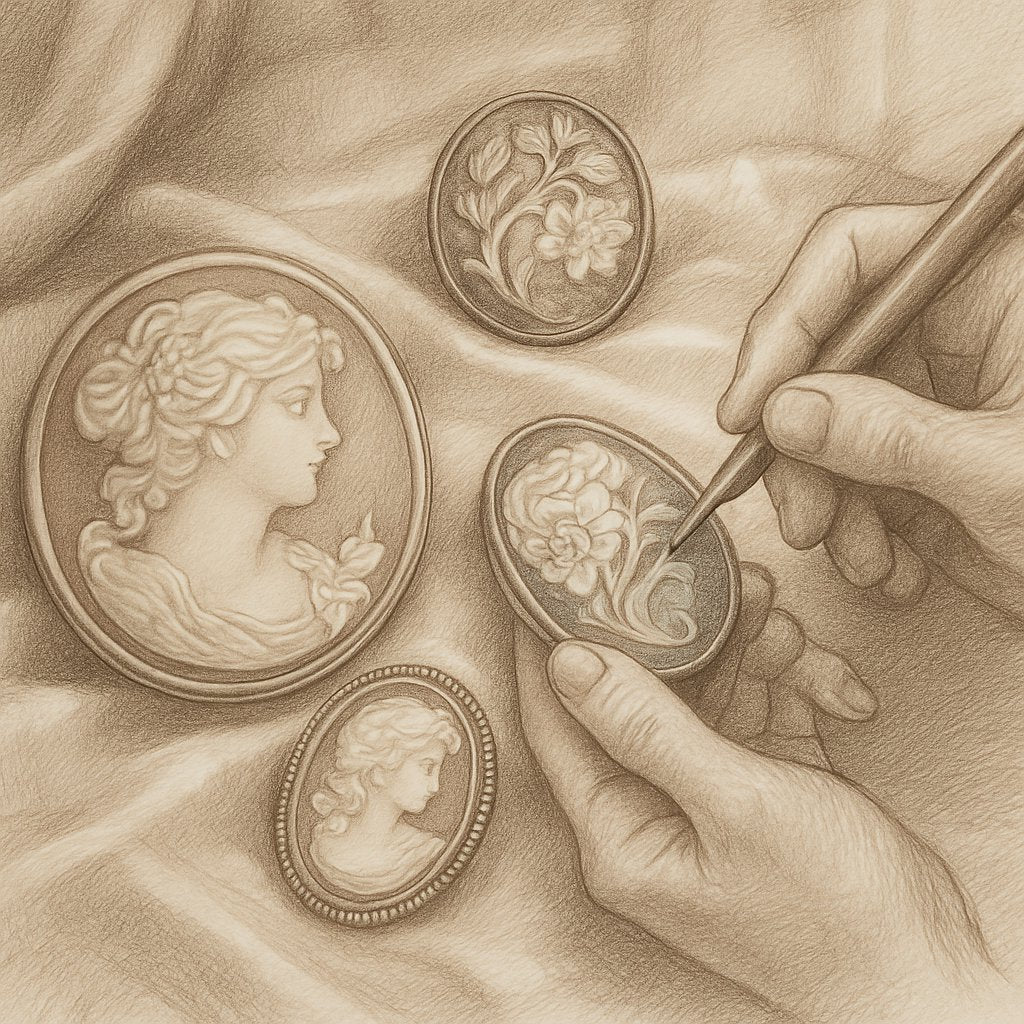 Close-up of an exquisitely hand-carved shell cameo pendant showing a classical female profile against a pink background