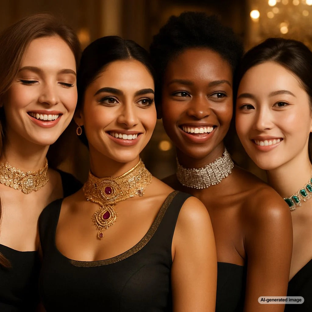 A stunning collection of diamond and pearl choker necklaces from Robinson's Jewelers displayed on velvet