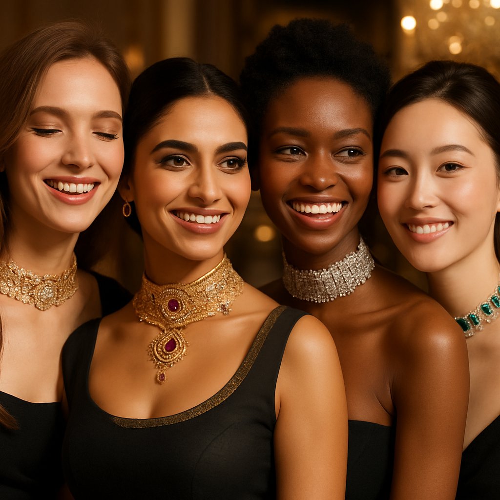 A stunning collection of diamond and pearl choker necklaces from Robinson's Jewelers displayed on velvet