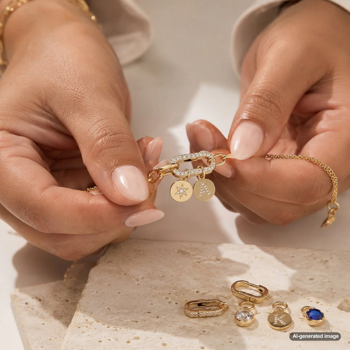 A stack of elegant gold bracelets showcasing the art of the clasp with hidden charms dangling from the closures.