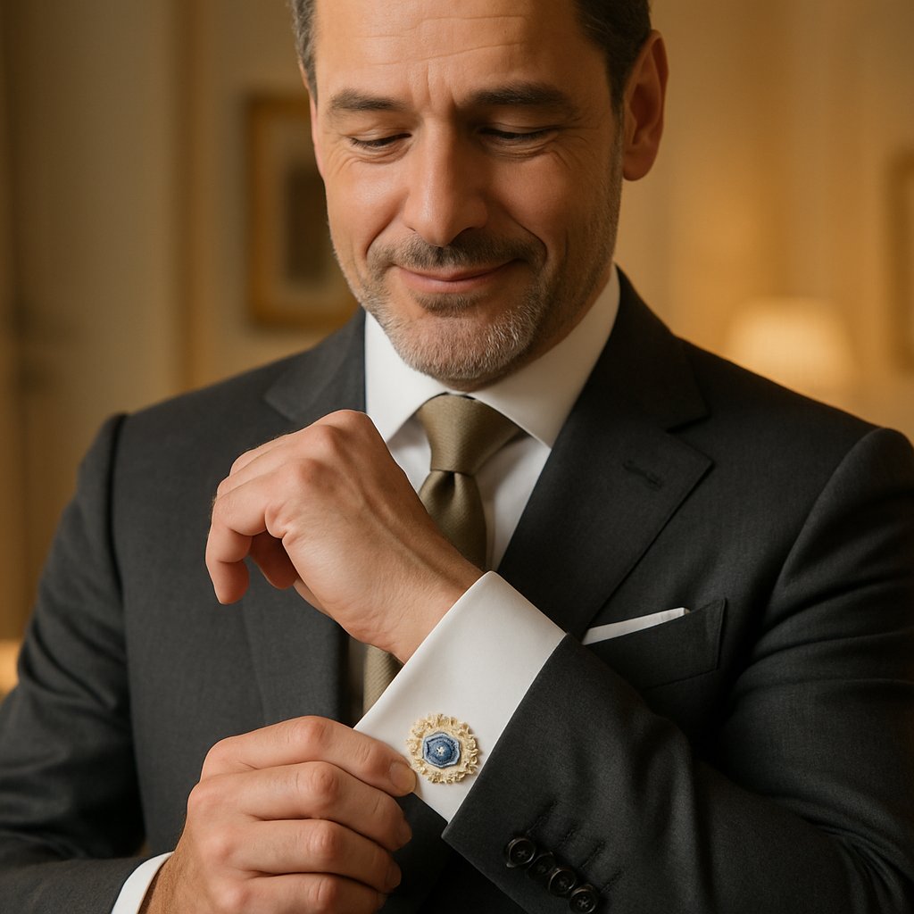 A sophisticated close-up of a man's French cuff with elegant silver cufflinks, showcasing refined style and attention to detail.