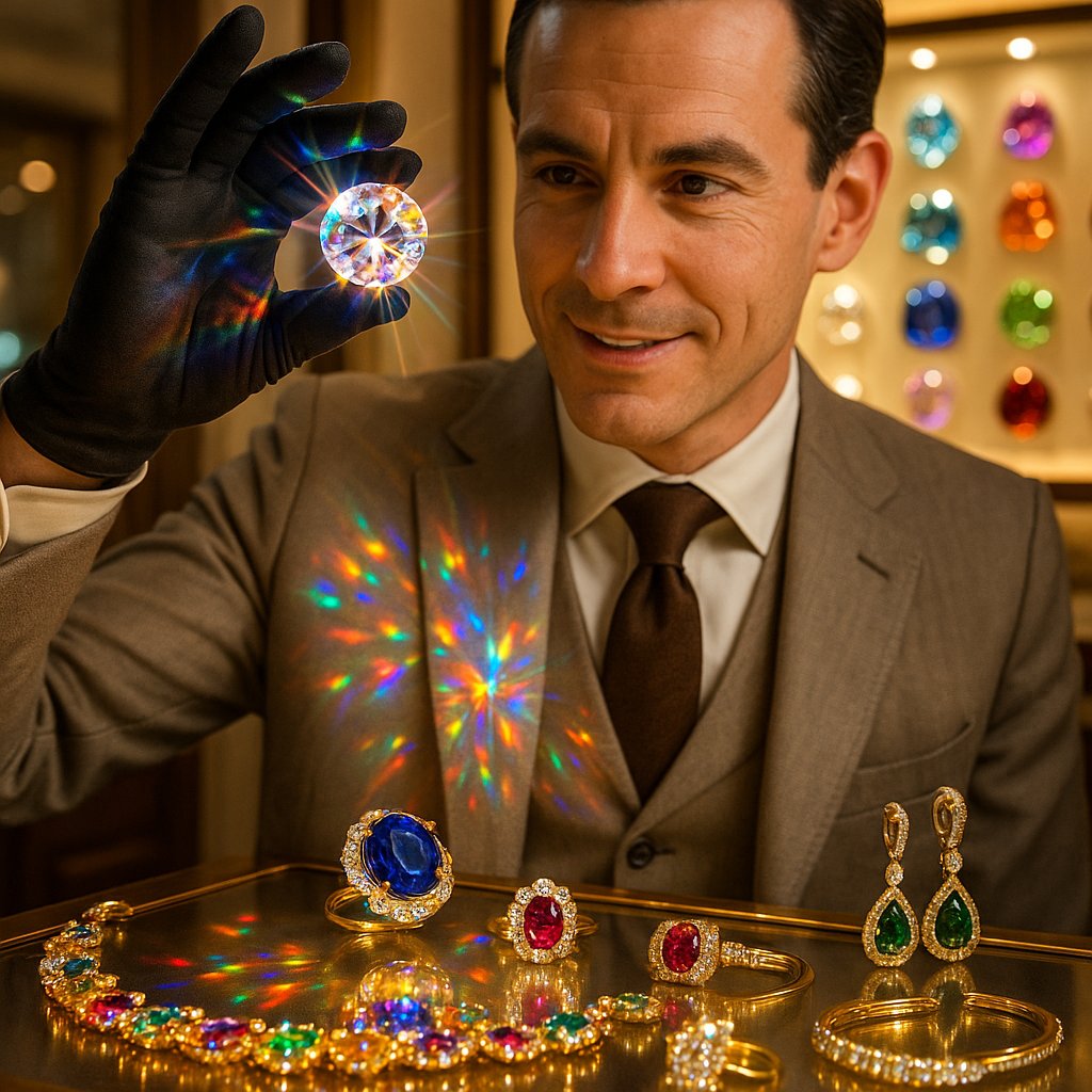 Close up comparison of different diamond and gemstone cuts showing brilliant, step, and mixed cuts on a dark background