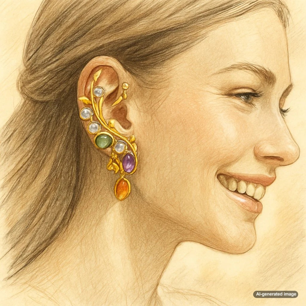 A stunning diamond and gold ear cuff elegantly wrapped around a woman's ear, showcasing a non-piercing statement jewelry piece.