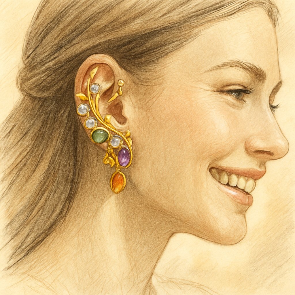 A stunning diamond and gold ear cuff elegantly wrapped around a woman's ear, showcasing a non-piercing statement jewelry piece.