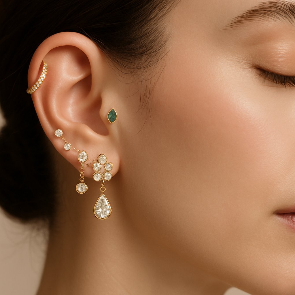 A curated ear showcasing multiple fine jewelry piercings, including diamond studs, huggie hoops, and a delicate cartilage chain, demonstrating the art of ear stacking.