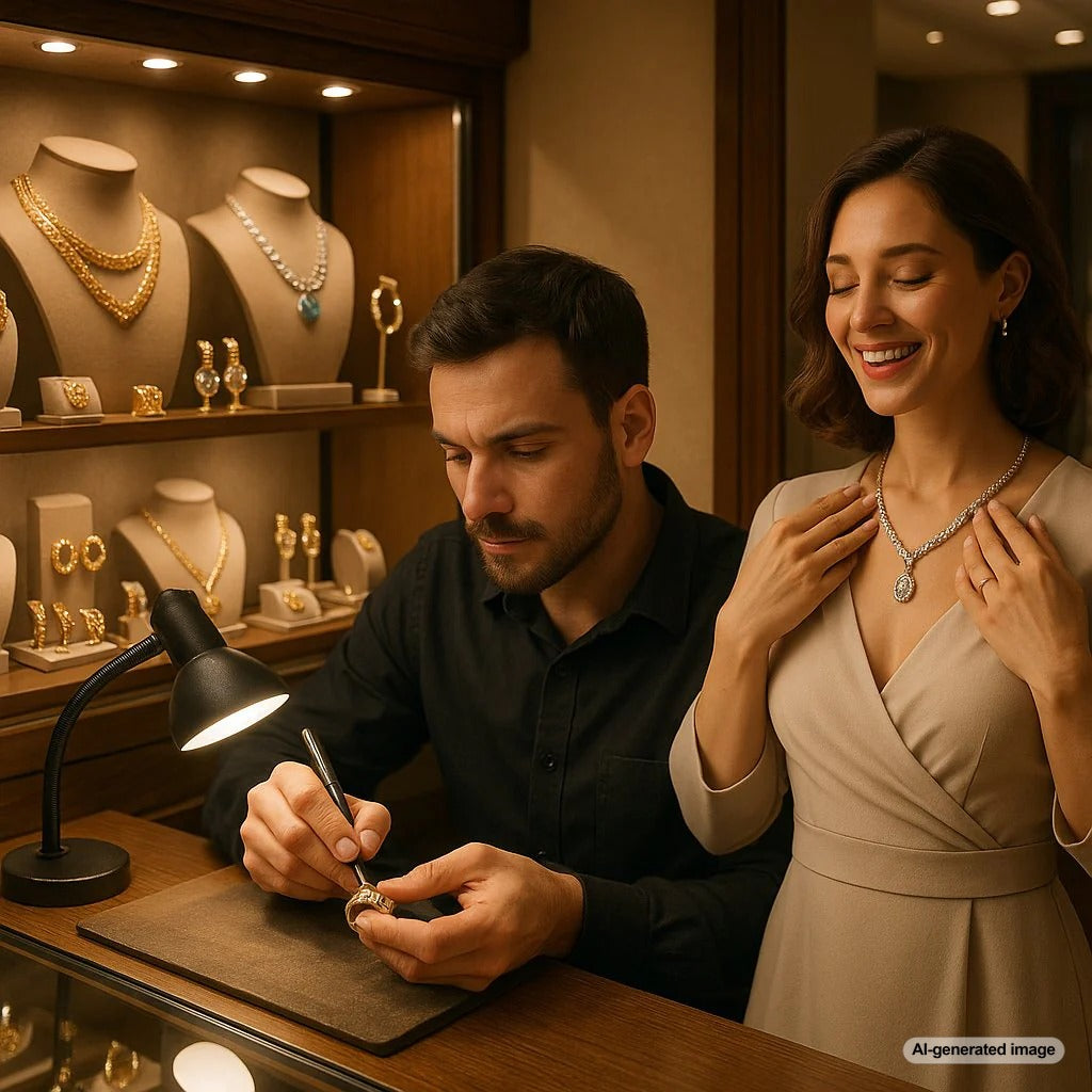 Close-up of a master jeweler at Robinson's Jewelers hand-engraving a personalized message inside a wedding band