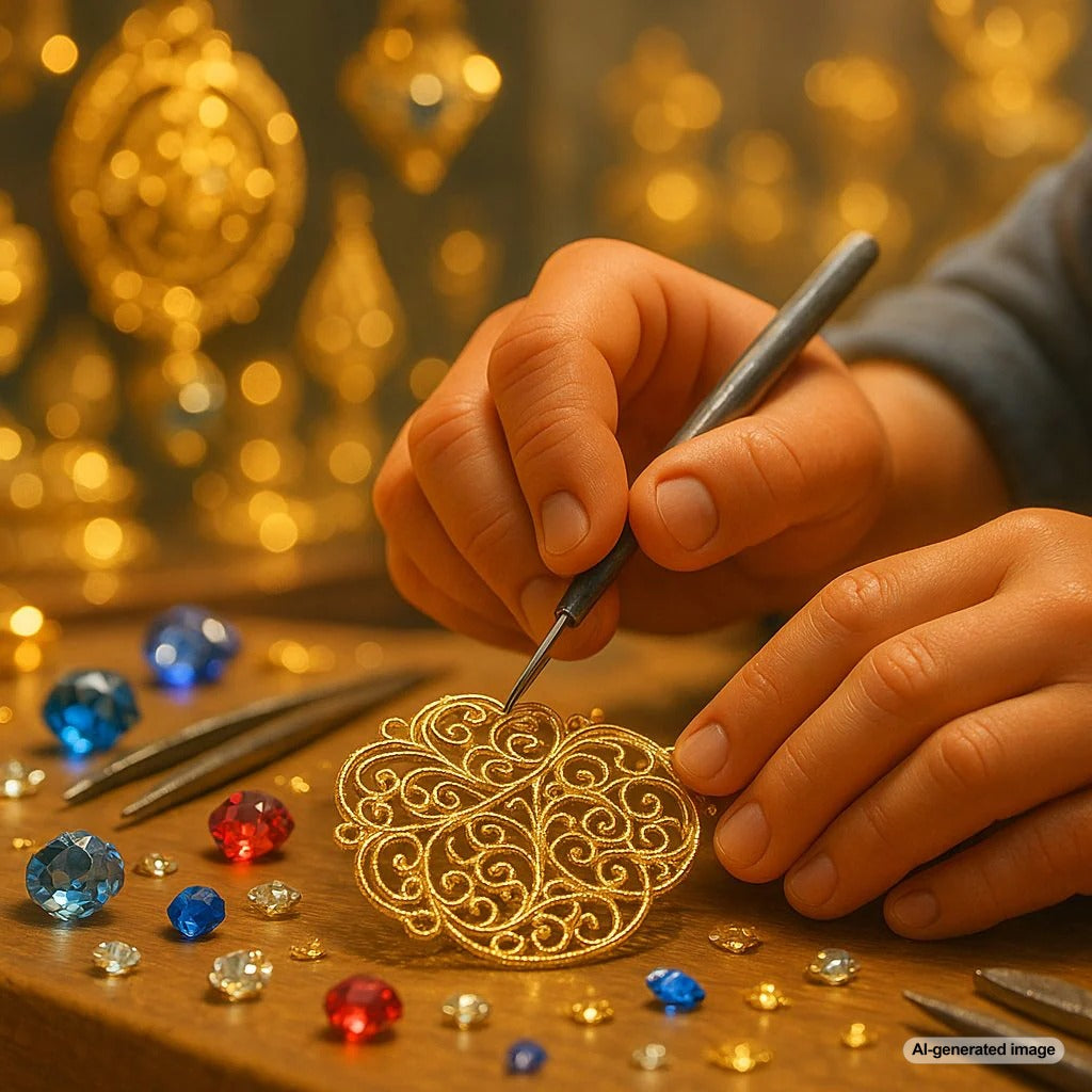 Intricate gold filigree jewelry piece showing delicate metalwork resembling lace