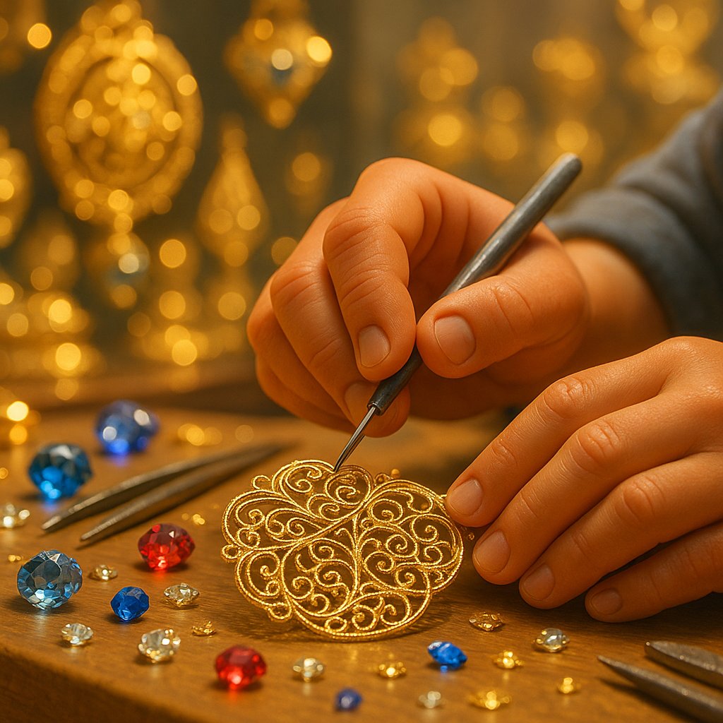 Intricate gold filigree jewelry piece showing delicate metalwork resembling lace