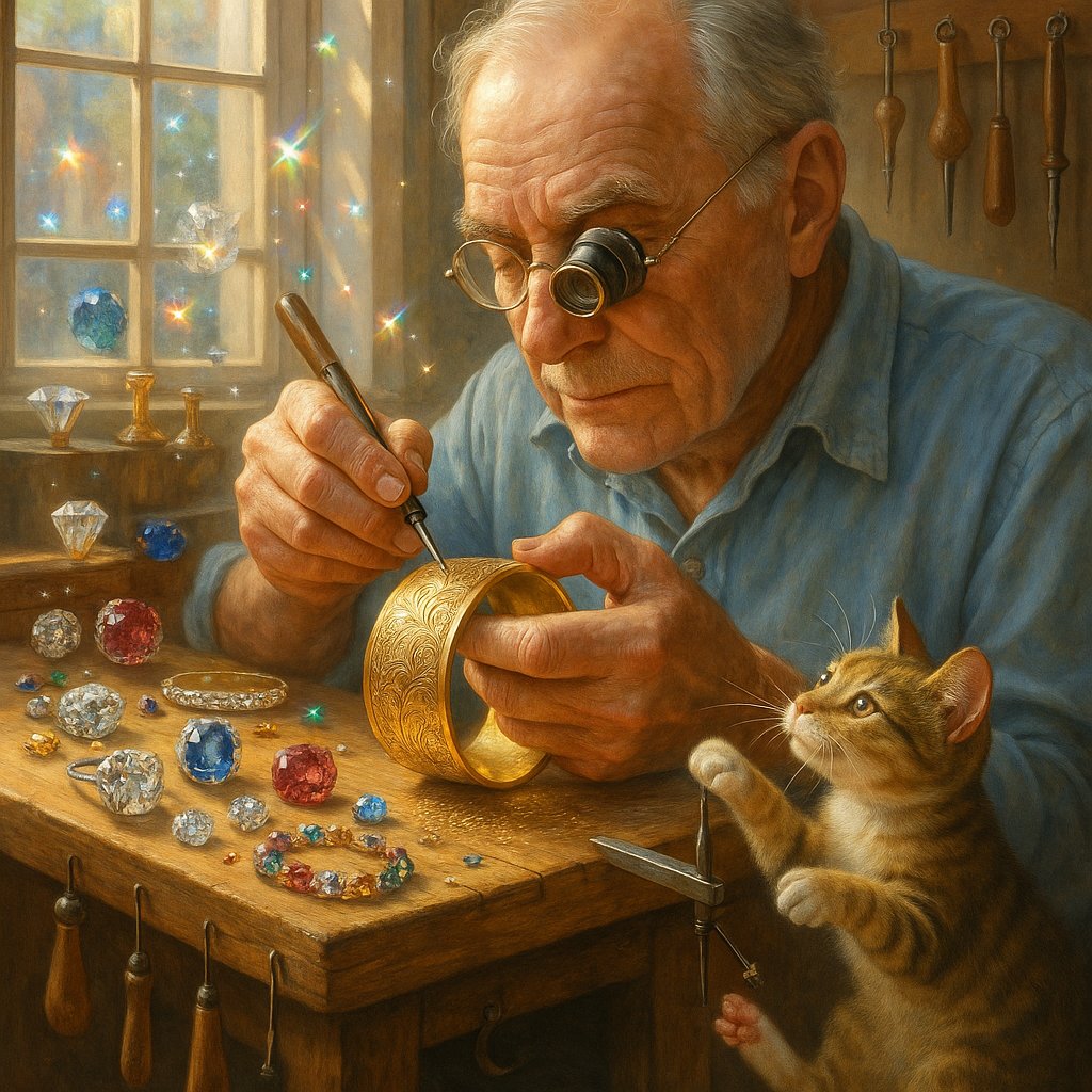 Close-up of master jeweler hand-engraving intricate patterns on a gold wedding band at Robinson's Jewelers