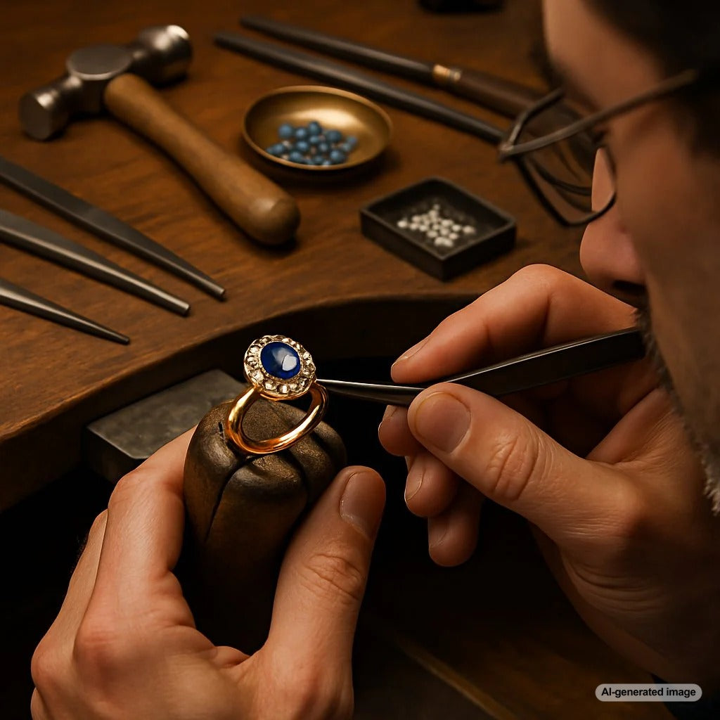 Artisan jeweler hand-forging a unique ring at Robinson's Jewelers workshop