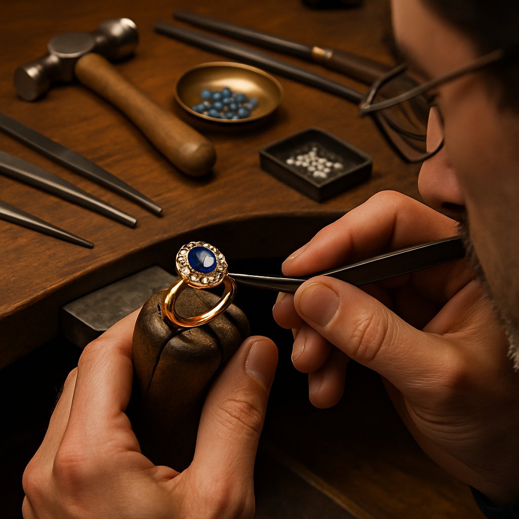 Artisan jeweler hand-forging a unique ring at Robinson's Jewelers workshop