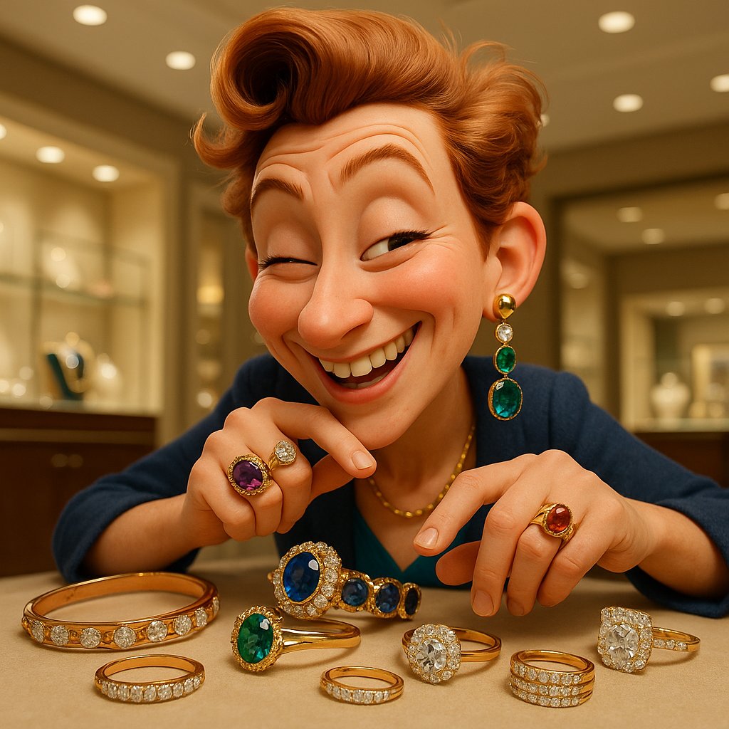 A beautifully styled flat lay of mixed metal and gemstone jewelry including rings, necklaces, and bracelets in rose, yellow, and white gold.