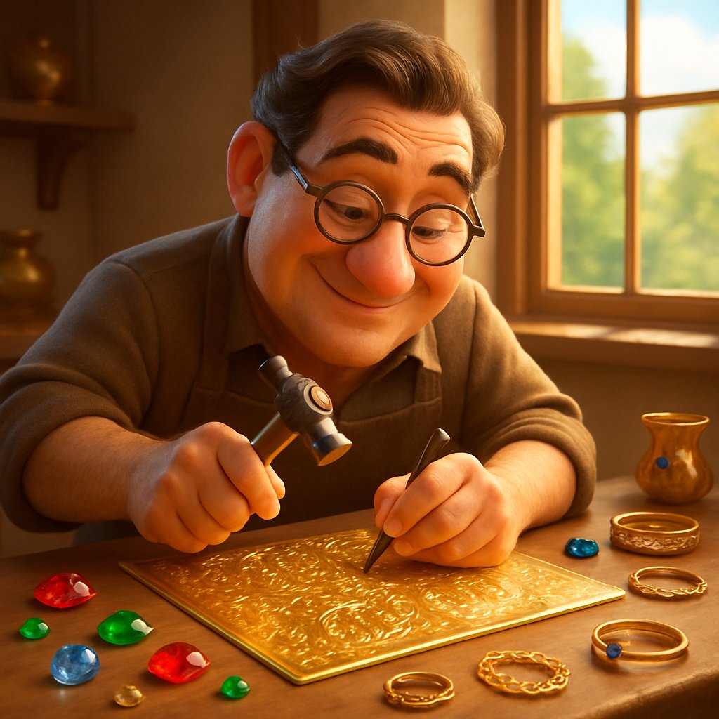 Close-up detail of an antique gold repousse jewelry piece showing intricate hand-hammered texture and design