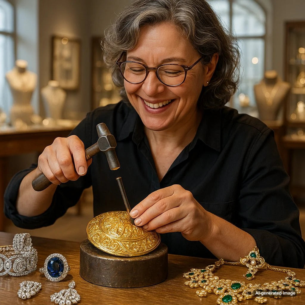 Close-up of repousse metalwork showing the intricate hammered texture and dimensional quality of this ancient jewelry technique