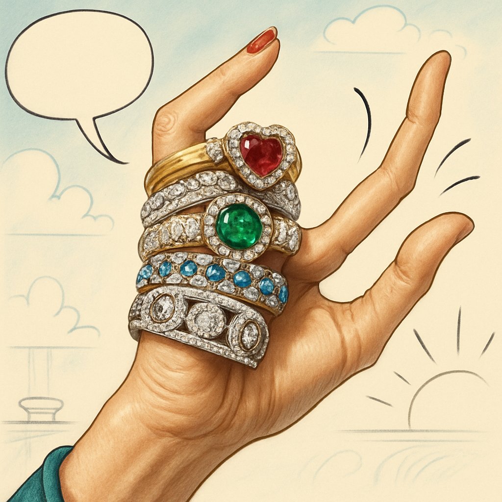 Artful ring stacking featuring mixed metals, gemstones, and styles creating a personalized jewelry story on feminine hands