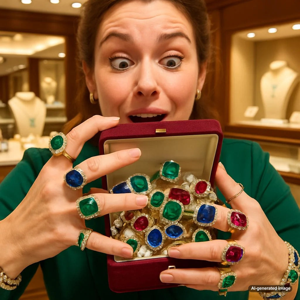 A beautifully curated stack of mixed gemstone rings and bracelets on a woman's hand