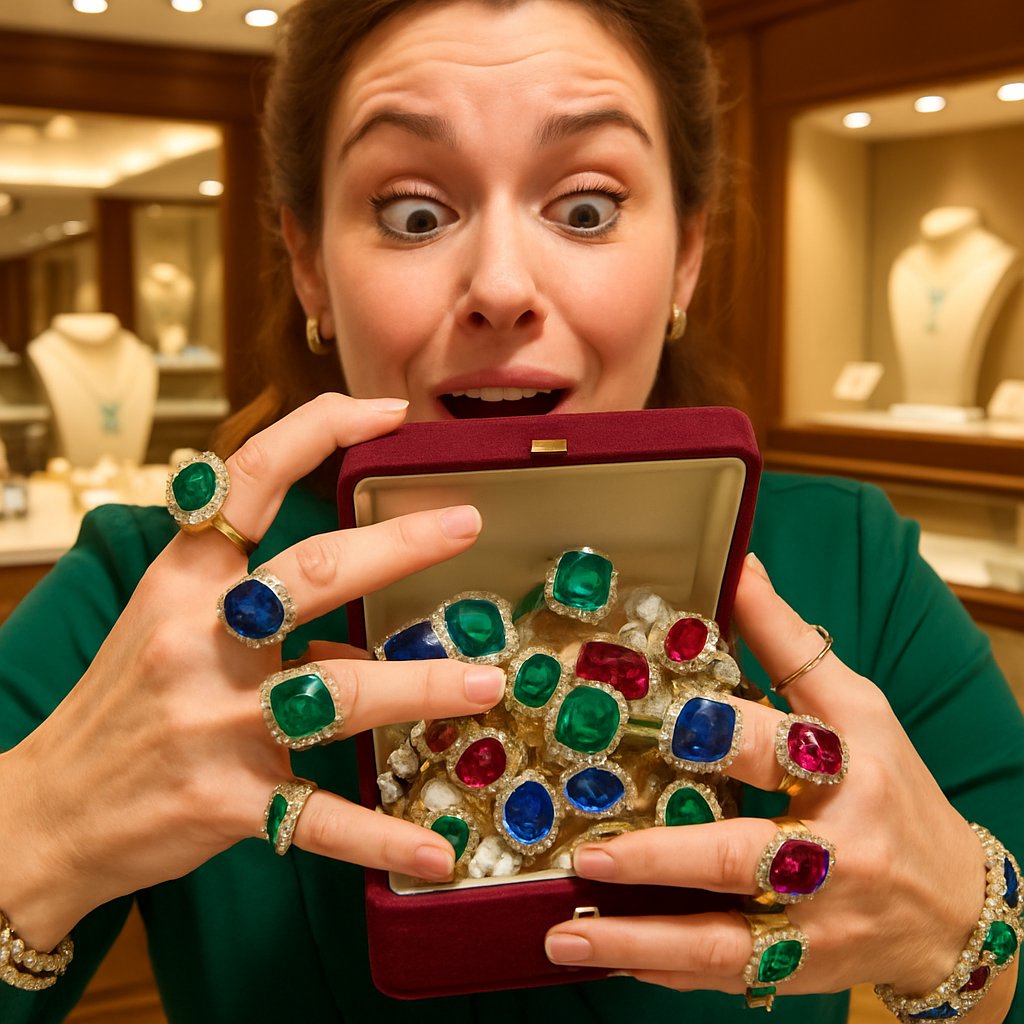 A beautifully curated stack of mixed gemstone rings and bracelets on a woman's hand