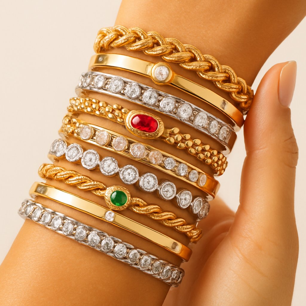 An artfully stacked wrist showcasing a mix of gold, silver, and rose gold bracelets with various textures including chains, cuffs, and gemstone accents.
