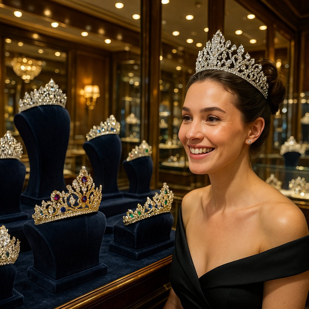 A modern woman wearing an elegant diamond tiara, smiling with confidence