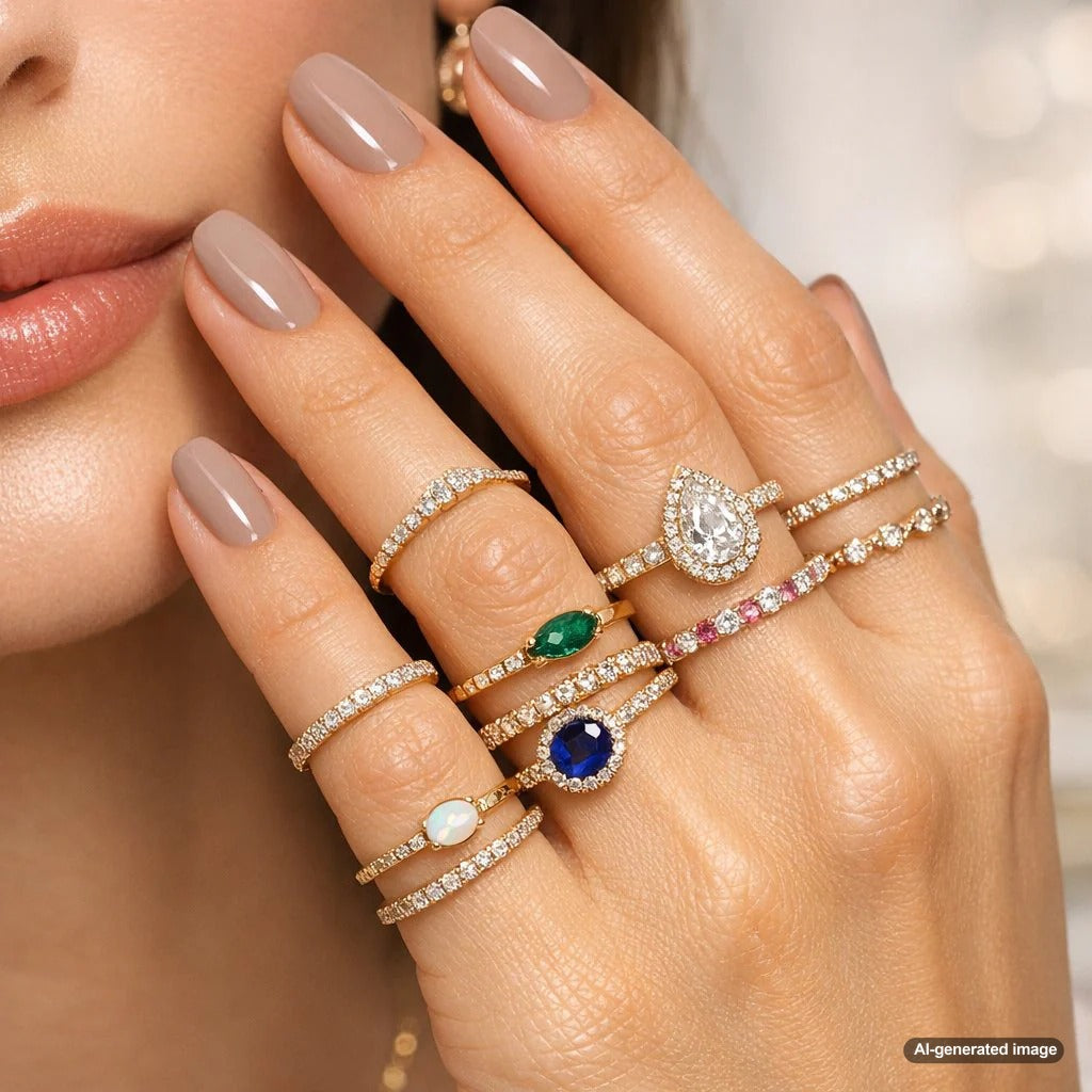 A stylish arrangement of multiple gold and diamond rings stacked on a woman's fingers, showcasing the art of ring stacking without looking cluttered.