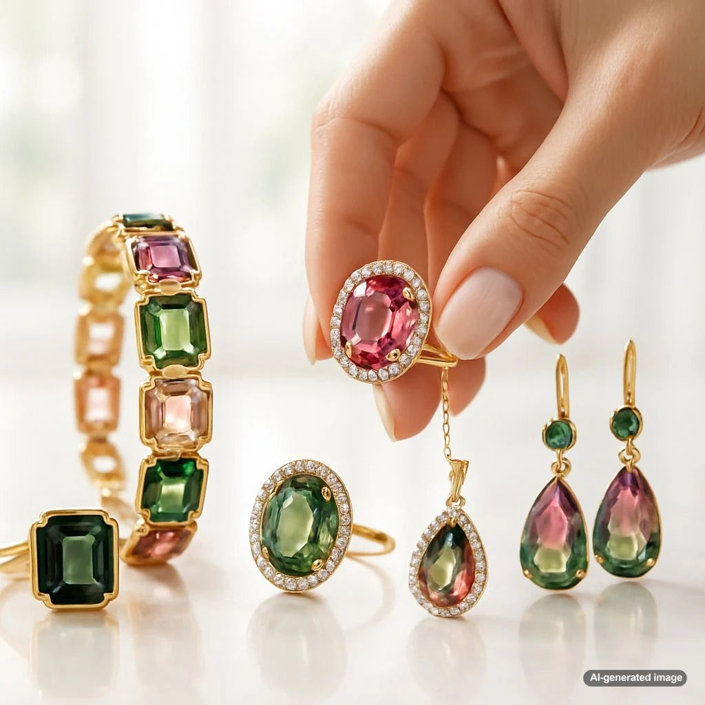 A stunning collection of tourmaline gemstones showing the incredible color variations from pink to green to watermelon