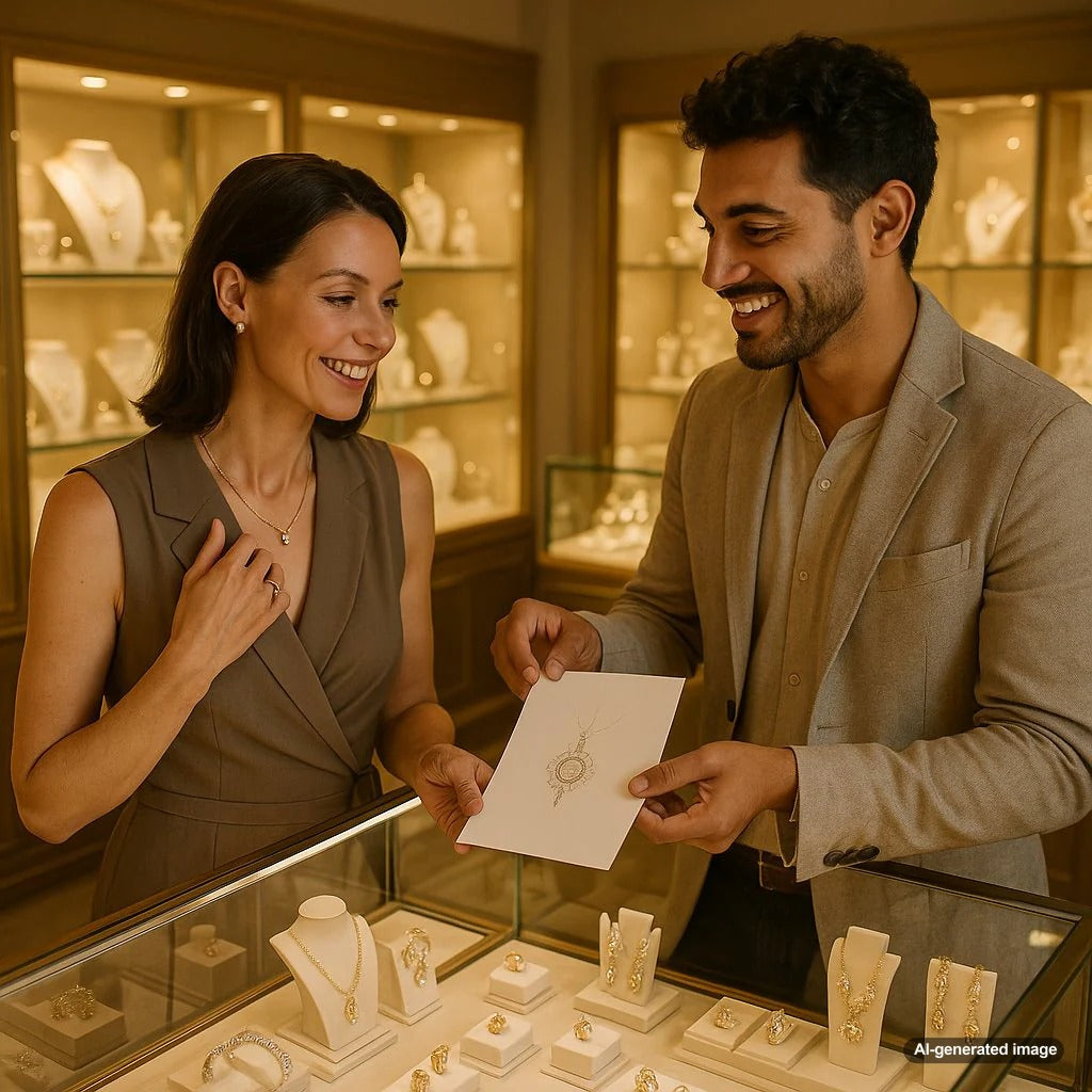 A customer collaborating with a local independent jewelry designer on a custom ring design in a workshop