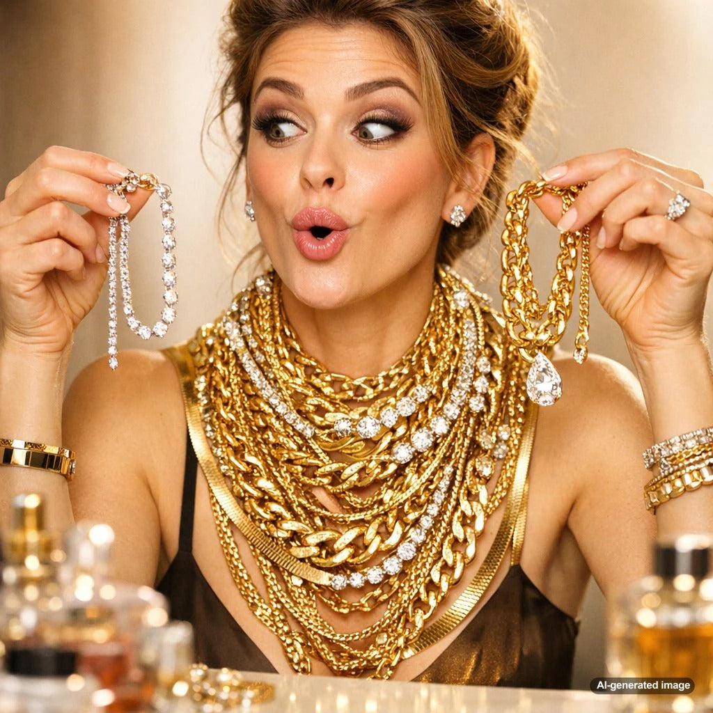 A beautifully layered necklace stack featuring mixed flat link and round link gold chains on a person's neck, showcasing texture and dimension.