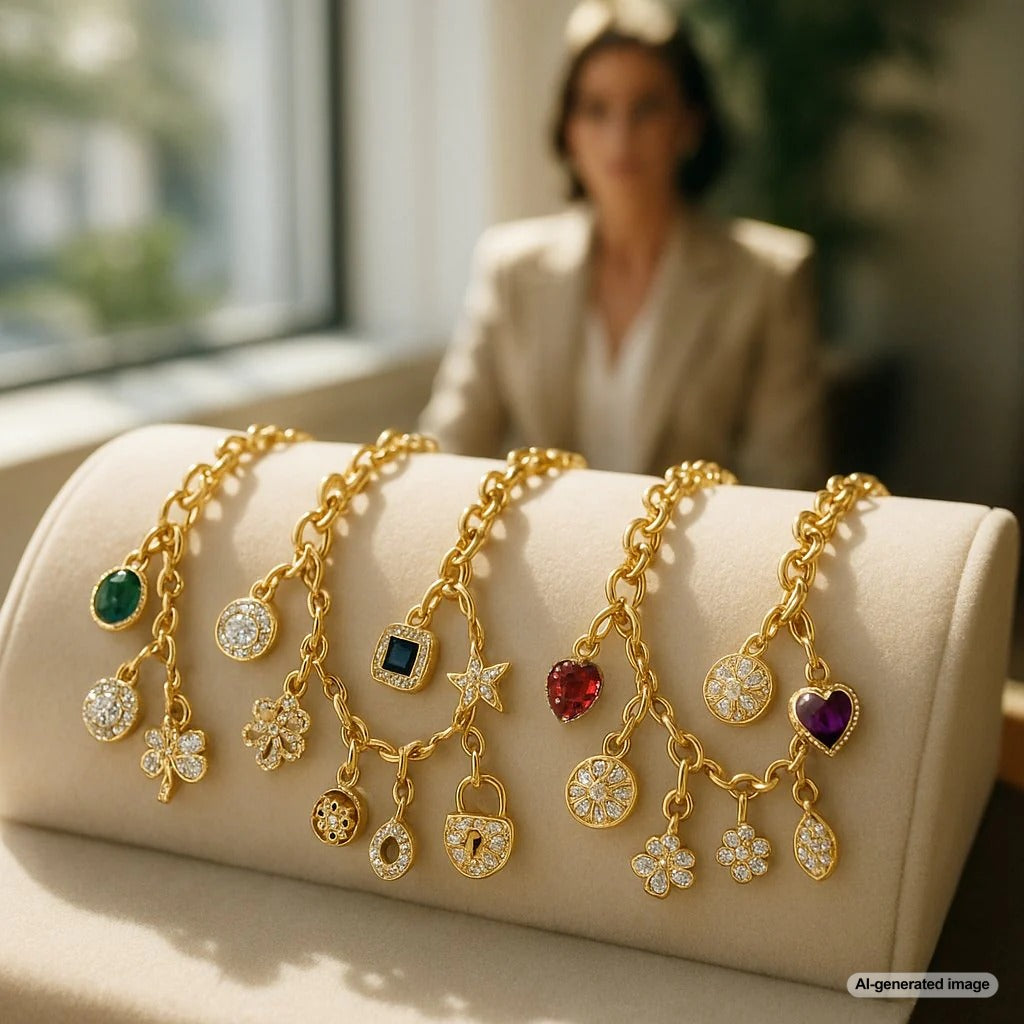 Luxury charm bracelets displaying various precious charms on elegant display