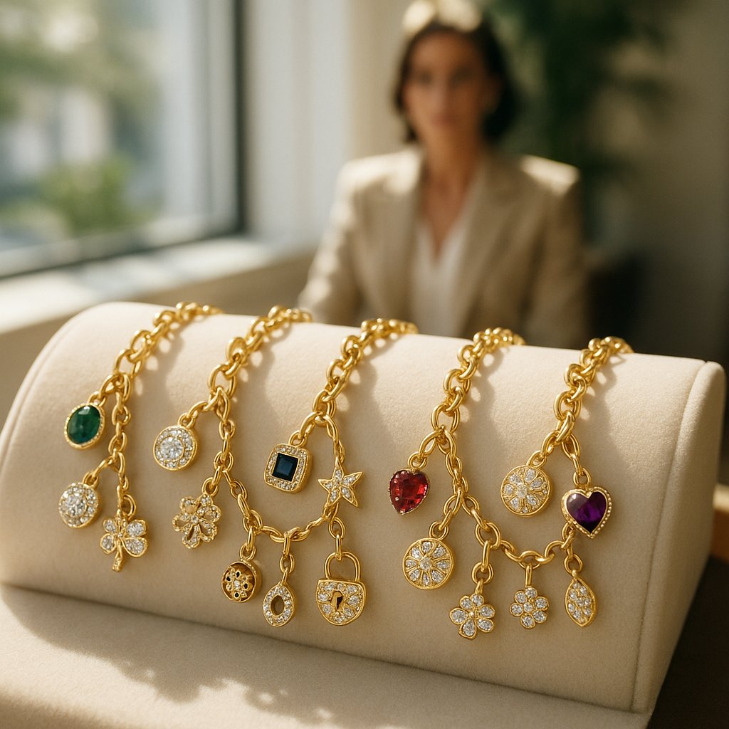 Luxury charm bracelets displaying various precious charms on elegant display