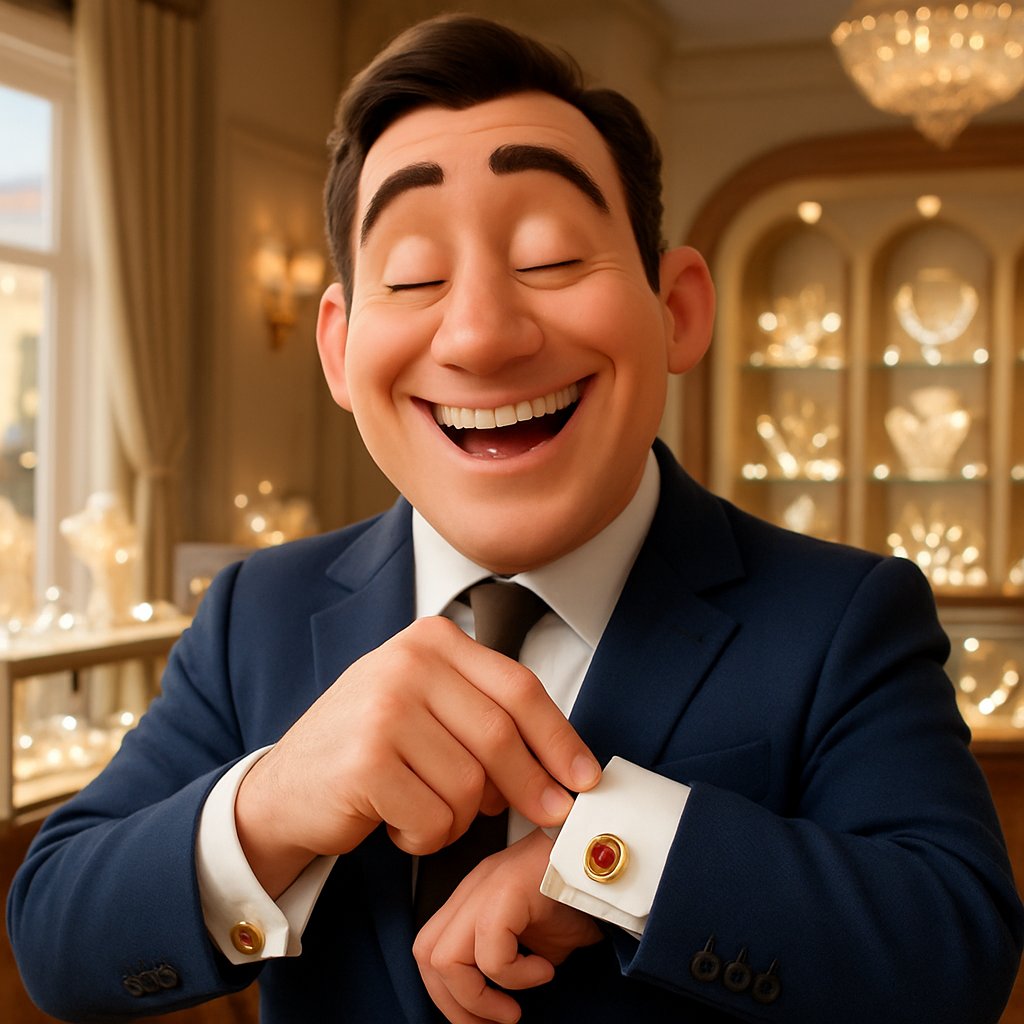 Luxury cufflinks displayed on a velvet tray at Robinson's Jewelers