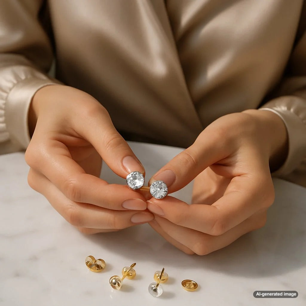 Close-up comparison of different secure earring backings for heavy diamond studs on a velvet background